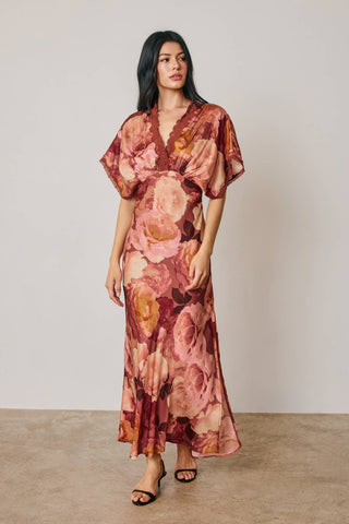 Floral Lace Trim Blouson Maxi Dress
