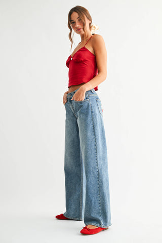 Wide Leg Denim W/ Cherry Embroidery