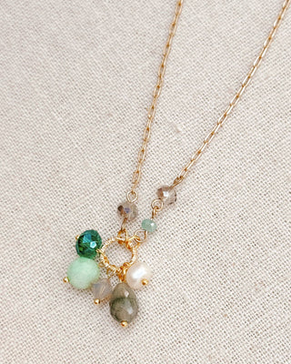 Green Semi-Precious Gemstone Cluster Necklace on Gold Chain
