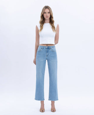 High Rise Cropped Studded Slim Wide Jeans