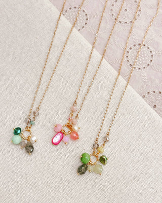Pink Mixed Stone Cluster Necklace with Gold Chain