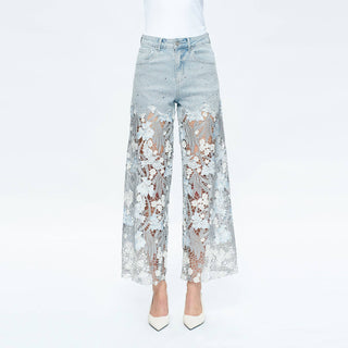 High Rise Wide Leg Jeans With Lace Spliced