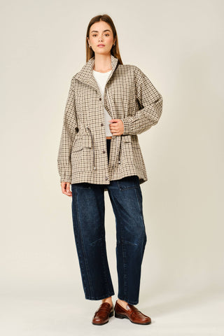 Classic Plaid Faux Leather Funnel Neck Jacket