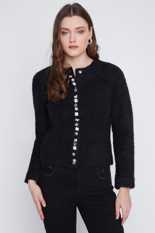 Fuzzy Soft Button Embellished Cardigan