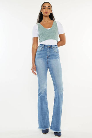 High Rise Flare Medium Wash Frayed Hem Jeans