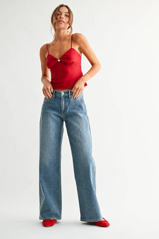 Wide Leg Denim W/ Cherry Embroidery