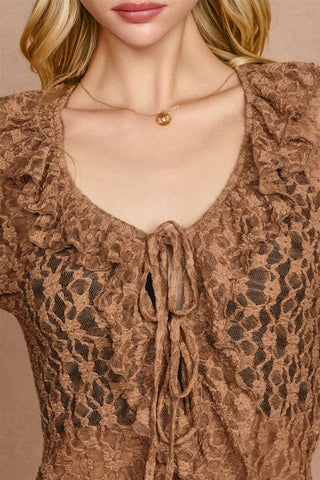 Lace Frill Tie Front Long Sleeve Top