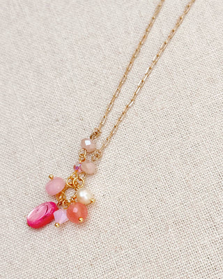 Pink Mixed Stone Cluster Necklace with Gold Chain
