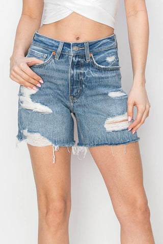 Distressed High Rise Midi Shorts