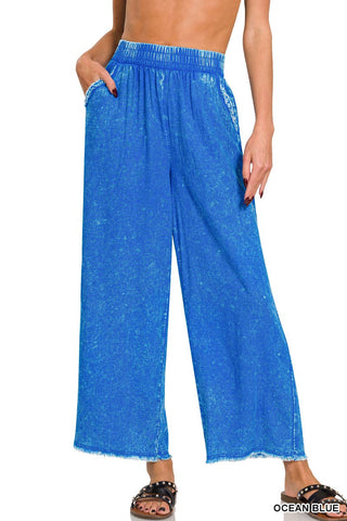 Washed Linen Frayed Hem Elastic Band Waist Pants