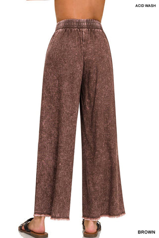 Washed Linen Frayed Hem Elastic Band Waist Pants