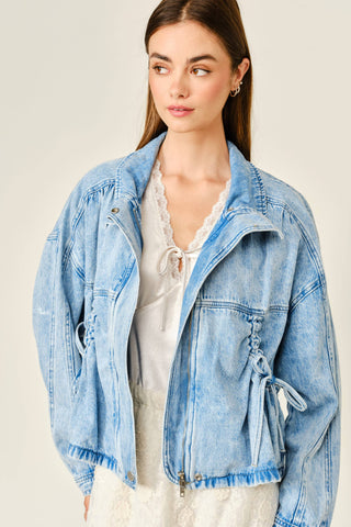 Pocket Ties Zip Front Denim Jacket