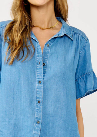 Tencel Ruffle Sleeve Button-Down Top