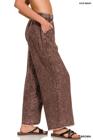 Washed Linen Frayed Hem Elastic Band Waist Pants
