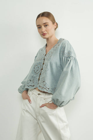 Josie Light Denim Embroidery Cutouts Jacket/Top