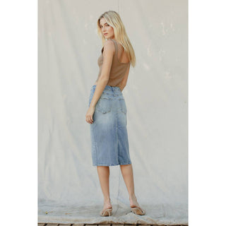 High Rise Denim Midi Skirt