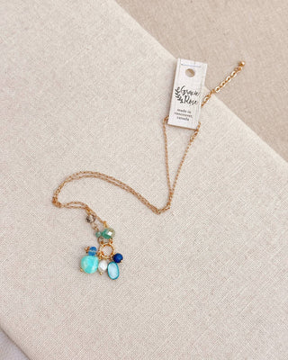 Blue Mixed Stone Cluster Necklace with Gold Chain