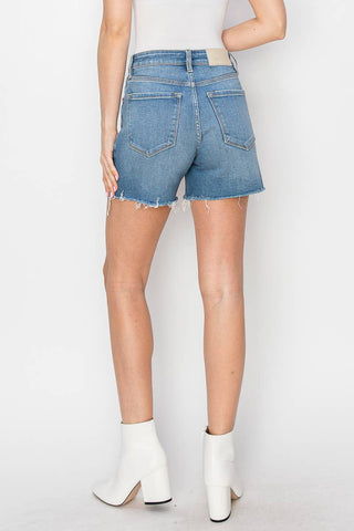 Distressed High Rise Midi Shorts