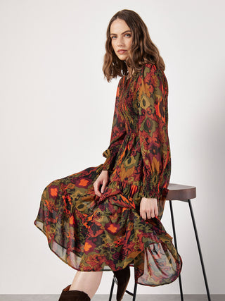 Ikat Chiffon Smocked Midi Dress