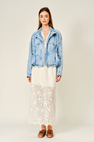 Pocket Ties Zip Front Denim Jacket