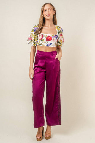 Satin Pleated Lace Contrast Trousers