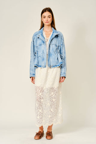 Pocket Ties Zip Front Denim Jacket