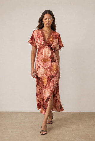 Floral Lace Trim Blouson Maxi Dress