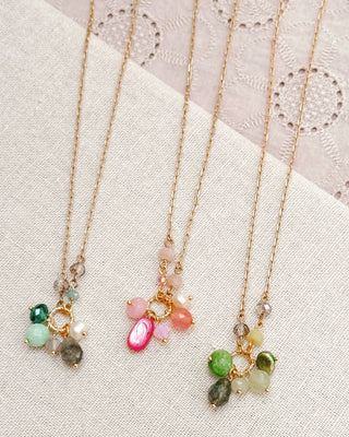 Green Semi-Precious Gemstone Cluster Necklace on Gold Chain