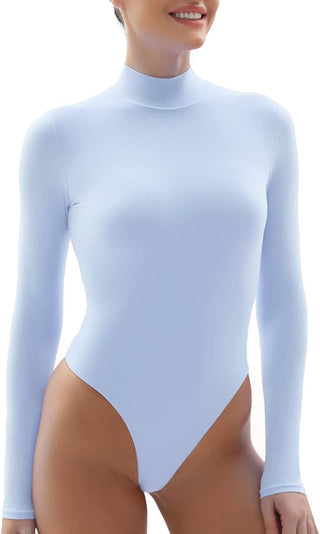 SHAPERX Mock Neck Bodysuit for Women Long Sleeve Thong