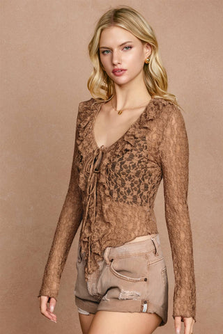 Lace Frill Tie Front Long Sleeve Top