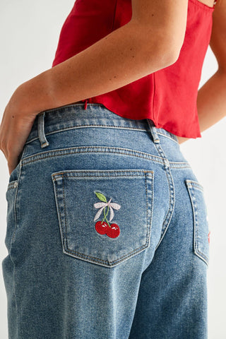 Wide Leg Denim W/ Cherry Embroidery