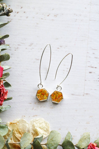 Hexagon Threader Earrings - Real Flowers or Greenery