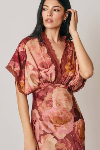 Floral Lace Trim Blouson Maxi Dress