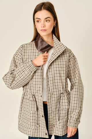 Classic Plaid Faux Leather Funnel Neck Jacket