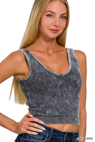 Washed Ribbed Cropped Bra Padded V-neck Tank Top