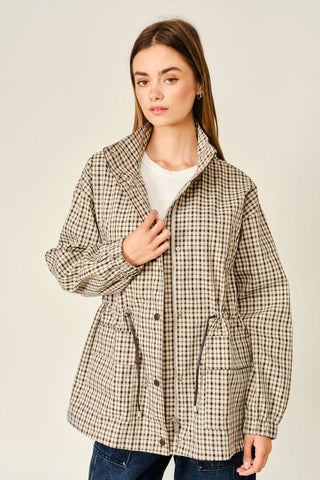 Classic Plaid Faux Leather Funnel Neck Jacket
