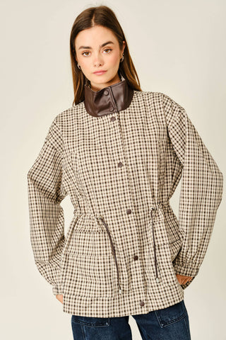 Classic Plaid Faux Leather Funnel Neck Jacket