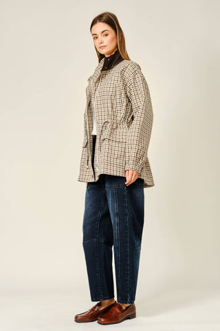 Classic Plaid Faux Leather Funnel Neck Jacket