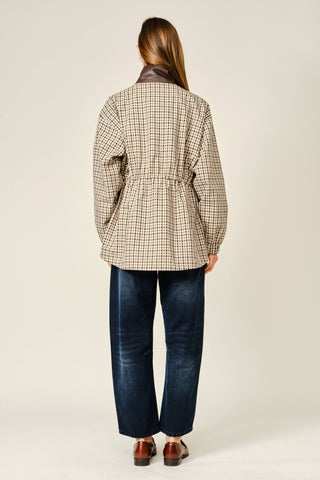 Classic Plaid Faux Leather Funnel Neck Jacket