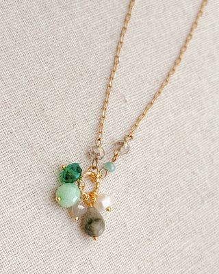 Green Semi-Precious Gemstone Cluster Necklace on Gold Chain