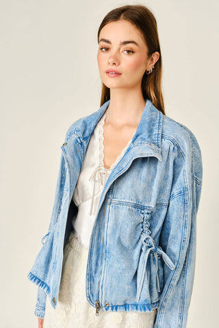 Pocket Ties Zip Front Denim Jacket
