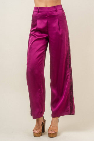 Satin Pleated Lace Contrast Trousers