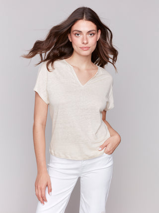 Linen Blend Short Sleeve Dolman Shimmer Top