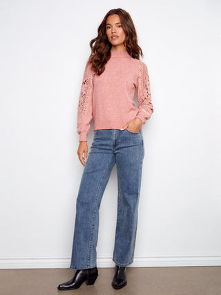 Crochet Sleeve Mock Neck Sweater