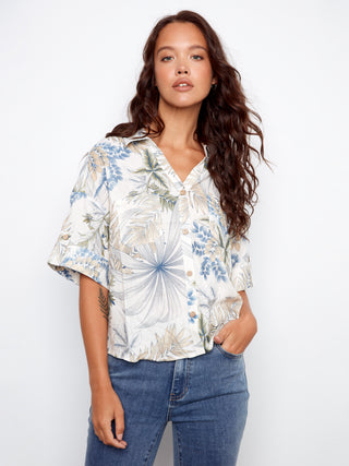 Short Sleeve Linen Blouse Tropical Print
