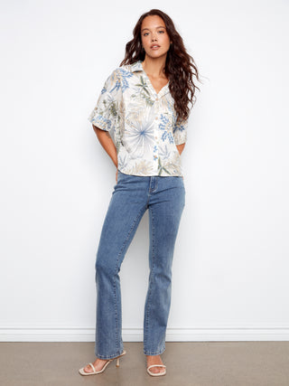 Short Sleeve Linen Blouse Tropical Print