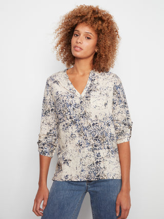 Lydia Button Roll Sleeve Print Top