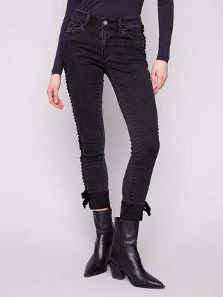 Stretch Denim Pants w/ Velvet Bow