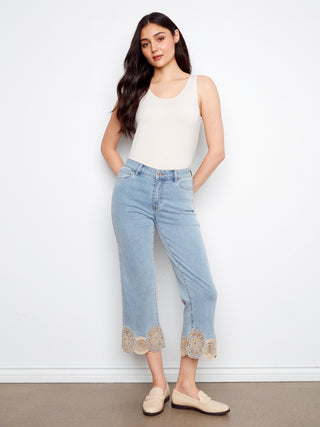 Stretch Denim Pants With Hem Lace