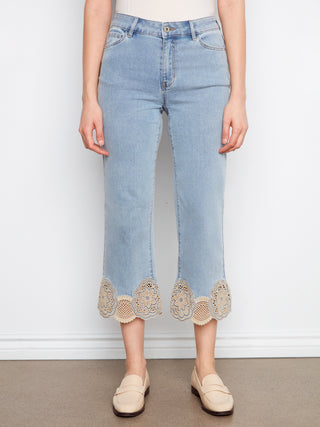 Stretch Denim Pants With Hem Lace
